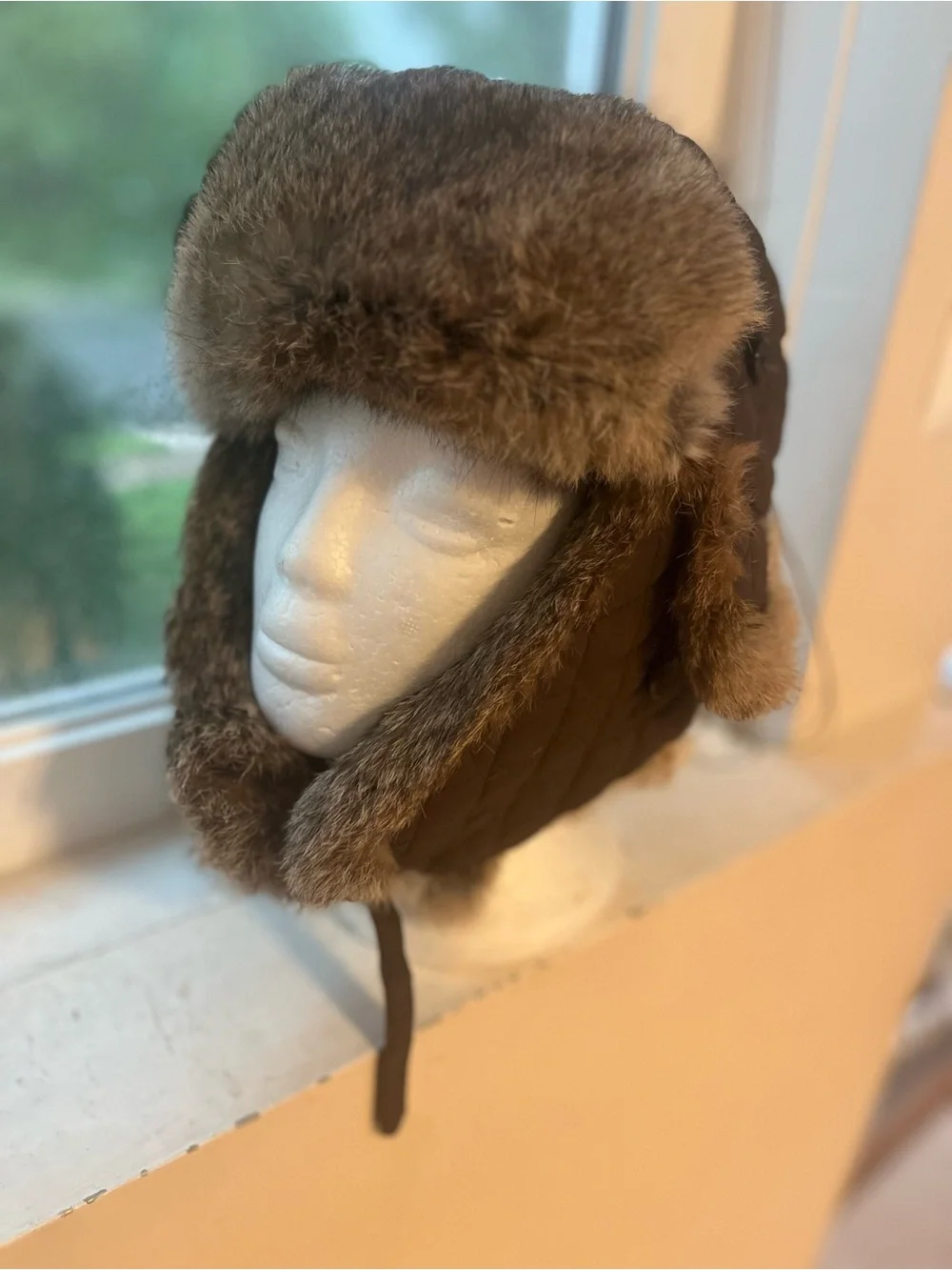 Aqua Brown rabbit Fur Trapper Hat with Earflaps